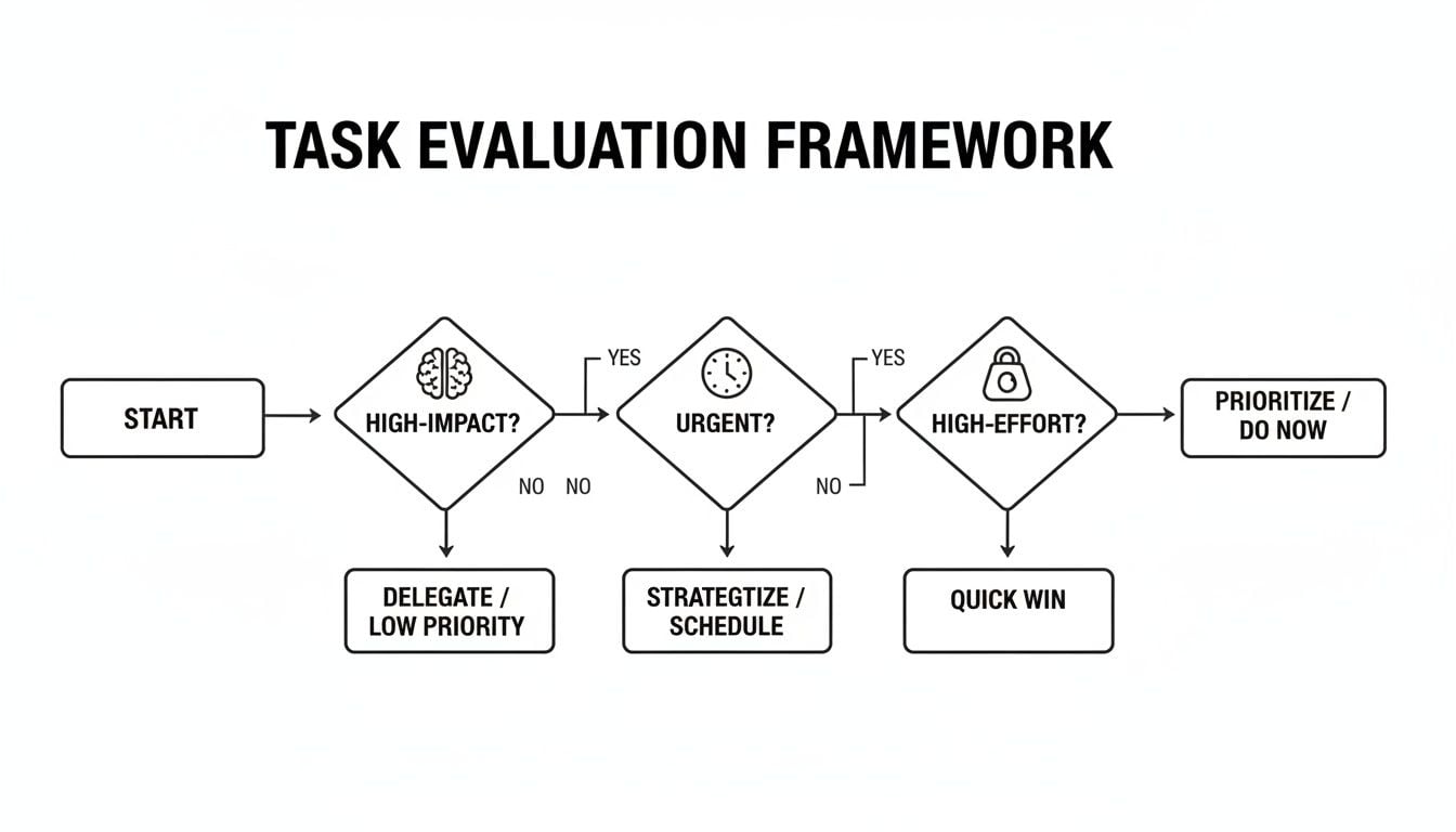 A flowchart detailing a task evaluation framework, guiding decisions based on impact, urgency, and effort.