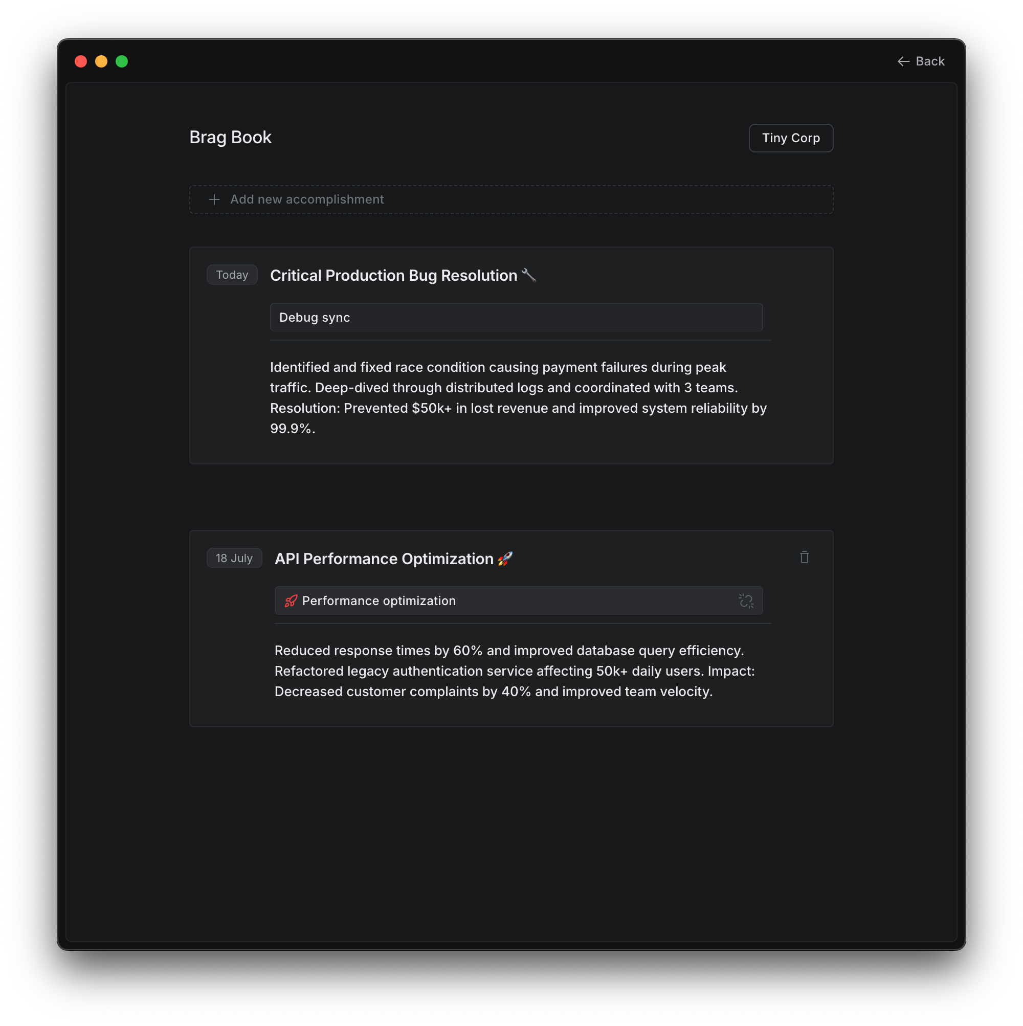 Example of a professional brag book showing accomplishments, metrics, and career highlights